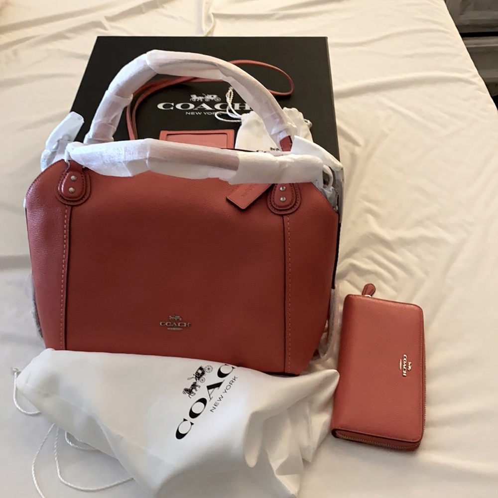Bright coral Coach purse, Wallet and ID lanyard